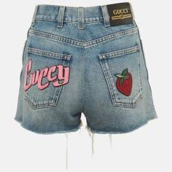 Pre Owned Gucci Blue Denim Strawberry Applique Shorts S/Waist 25"