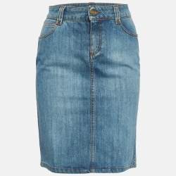 Pre Owned تنورة غوتشي جينز زرقاء مطرزة بزهور GG مقاس صغير (سمول)