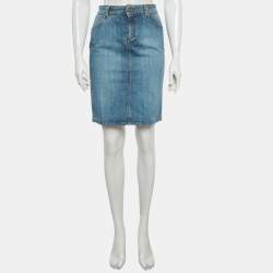 Pre Owned تنورة غوتشي جينز زرقاء مطرزة بزهور GG مقاس صغير (سمول)