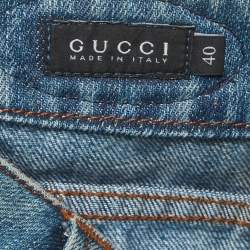 Pre Owned تنورة غوتشي جينز زرقاء مطرزة بزهور GG مقاس صغير (سمول)