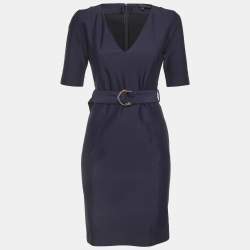 Pre Owned Gucci Navy Blue Stretch Knit Belted Mini Dress M