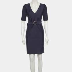 Pre Owned Gucci Navy Blue Stretch Knit Belted Mini Dress M
