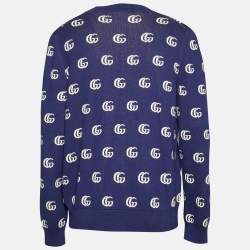 Pre Owned كارديجان غوتشي قطن أزرق بحياكة جي جي مقاس كبير (لارج)