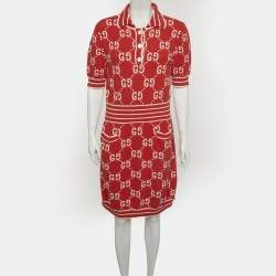 Pre Owned Gucci Red GG Intarsia Cotton Knit Polo Dress XL