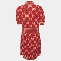 Pre Owned Gucci Red GG Intarsia Cotton Knit Polo Dress XL