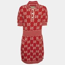 Pre Owned Gucci Red GG Intarsia Cotton Knit Polo Dress XL