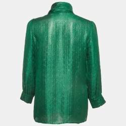 Pre Owned Gucci Green Monogram Silk Blend Tie Neck Blouse M