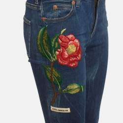 Pre Owned Gucci Blue Floral Embroidered Denim Skinny Jeans S/Waist 27"