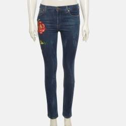 Pre Owned Gucci Blue Floral Embroidered Denim Skinny Jeans S/Waist 27"
