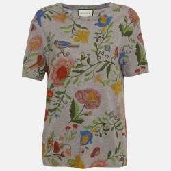 Pre Owned Gucci Grey Floral Print Jersey T-Shirt L