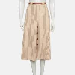 Pre Owned تنورة غوتشي صوف مقلمة كريمي/أحمر بتفاصيل حدوة حصان ميدي مقاس كبير