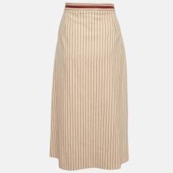 Pre Owned تنورة غوتشي صوف مقلمة كريمي/أحمر بتفاصيل حدوة حصان ميدي مقاس كبير