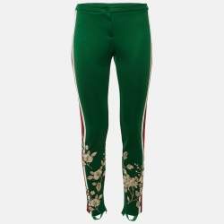 مملوكة مسبقًا Gucci Green jersey Knit Floral Embroidered Webb Stripe Pants M