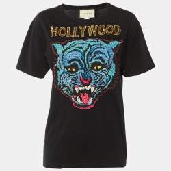 مملوكة مسبقًا Gucci Black Cotton Hollywood Tiger Head Appliqued T-Shirt S