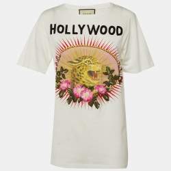 مملوكة مسبقًا Gucci White Cotton Hollywood Floral Appliqued T-Shirt XS