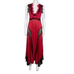 Gucci Red Lurex Knit Contrast Lace Ruffle and Pleat Detail Sleeveless Gown S
