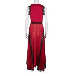 Gucci Red Lurex Knit Contrast Lace Ruffle and Pleat Detail Sleeveless Gown S