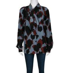 Gucci Abstract Leaf Print Neck Tie Detail Long Sleeve Silk Blouse S