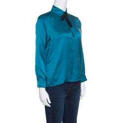 Gucci Peacock Blue Silk Satin Ribbon Tie Detail Long Sleeve Shirt S