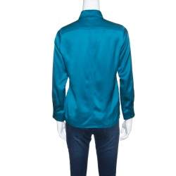 Gucci Peacock Blue Silk Satin Ribbon Tie Detail Long Sleeve Shirt S