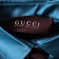 Gucci Peacock Blue Silk Satin Ribbon Tie Detail Long Sleeve Shirt S