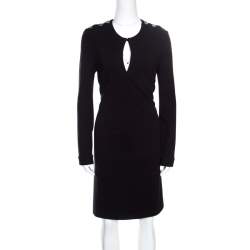 Pre Owned فستان غوتشي أسود منقوش أكتاف بأزرار مزينة أكمام طويلة M