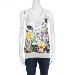 Gucci Off White Floral Printed Silk Paneled Knit Sleeveless Top M