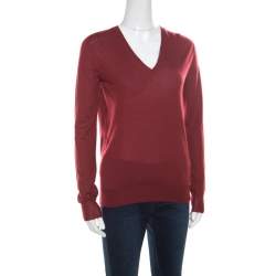 Pre Owned Gucci Red Cashmere V-Neck Sweater S