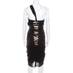 مملوكة مسبقًا Gucci Black Silk Metal Fish Bone Embellished Ruched Dress M