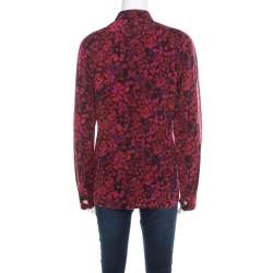 Pre Owned Gucci Red and Purple Floral Printed Silk Neck Bow Detail Long Sleeve Blouse M