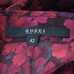 Pre Owned Gucci Red and Purple Floral Printed Silk Neck Bow Detail Long Sleeve Blouse M