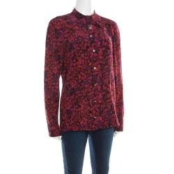 Pre Owned Gucci Red and Purple Floral Printed Silk Neck Bow Detail Long Sleeve Blouse M