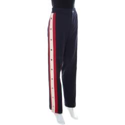 Pre Owned Gucci Navy Blue Wool & Silk Blend Striped Side Seam Snap Button Detail Sweatpants S