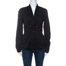 Pre Owned Gucci Black Cotton Blend Gathered Bodice Belted Long Sleeve Top M