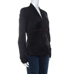 Pre Owned Gucci Black Cotton Blend Gathered Bodice Belted Long Sleeve Top M