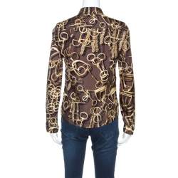 Gucci Brown Silk Horsebit Print Button Front Blouse S