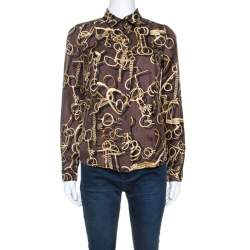 Gucci Brown Silk Horsebit Print Button Front Blouse S