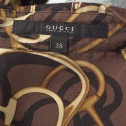 Gucci Brown Silk Horsebit Print Button Front Blouse S