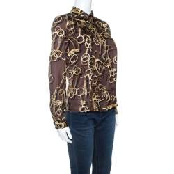 Gucci Brown Silk Horsebit Print Button Front Blouse S