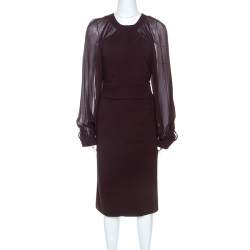 Gucci Burgundy Stretch Knit Bishop Sleeve Midi Dress L