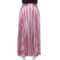 Pre Owned Gucci Metallic Pink Striped Pleated Midi Skirt M