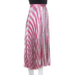 Pre Owned Gucci Metallic Pink Striped Pleated Midi Skirt M