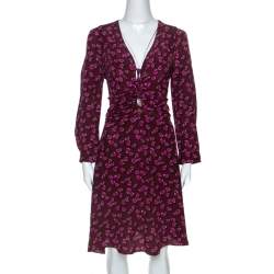 Gucci Burgundy Heartbeat Print Silk Ruched Detail Dress L