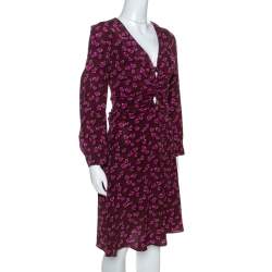 Gucci Burgundy Heartbeat Print Silk Ruched Detail Dress L