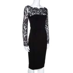 Gucci Black Knit Lace Trim Long Sleeve Sheath Dress XS