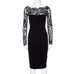 Gucci Black Knit Lace Trim Long Sleeve Sheath Dress XS