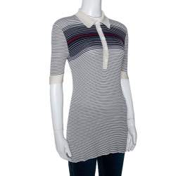 Gucci Cream & Navy Striped Silk Knit Polo Top M 