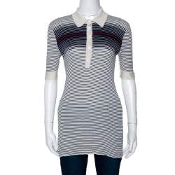 Gucci Cream & Navy Striped Silk Knit Polo Top M 