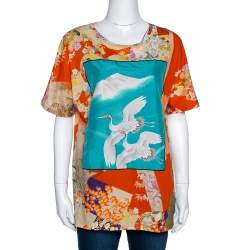 Pre Owned تي شيرت غوتشي طباعة طير زهور أزرق مخضر وبرتقالي  XL