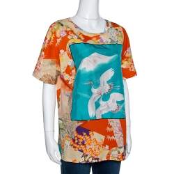 Pre Owned تي شيرت غوتشي طباعة طير زهور أزرق مخضر وبرتقالي  XL